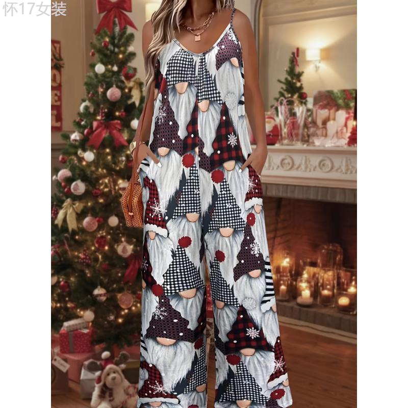 Festive Santa Print Jumpsuit for Women - Sleeveless Wide-Leg Romper with Pockets, Soft Polyester Knit Fabric, Casual Style, Adult Size, Perfect for Christmas Party, Holiday Gathering, and Winter Season Womenswear Collar Womenswear Collar