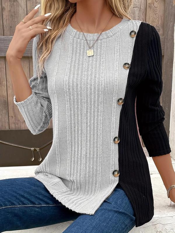 Women's Colorblock Asymmetrical Button Split Hem Tee for Spring & Fall,  T Shirts for Women, Casual Fashion Chic Simple Style Comfort Long Sleeve Round Neck T-shirt, Womenswear