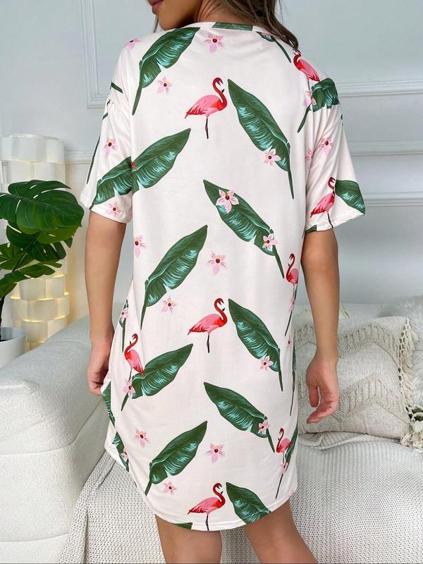 Women's Flamingo & Leaf Print Nightdress, Casual Soft Comfortable Short Sleeve Round Neck Nightgown for All Seasons, Ladies Sleepwear for Home Wear