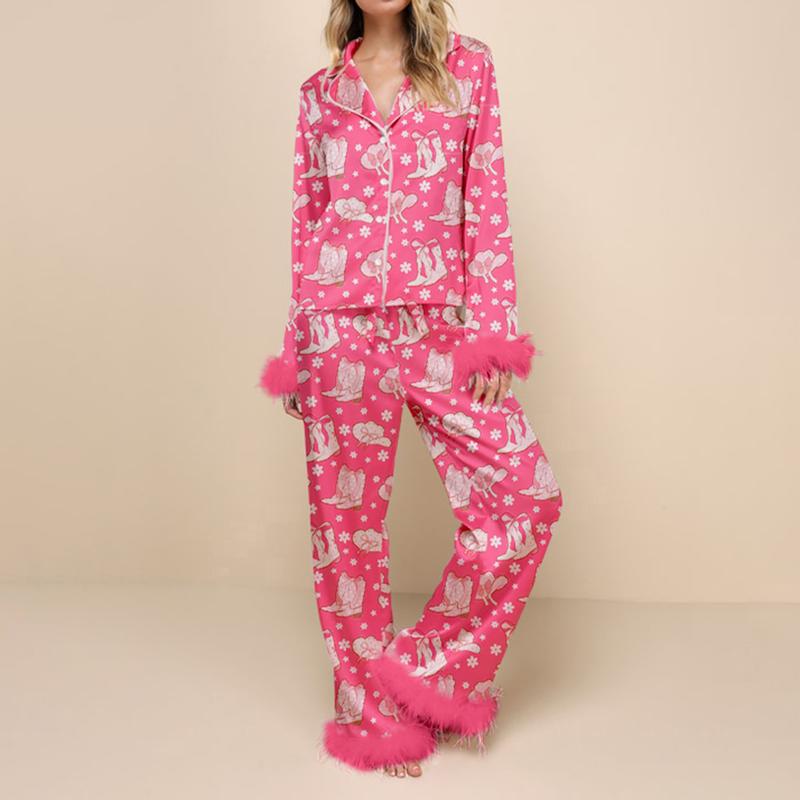 Women Christmas Pajamas Lounge Set Santa Christmas Tree Boots Print Shirts Tops and Pants 2 Piece Loungewear Outfits