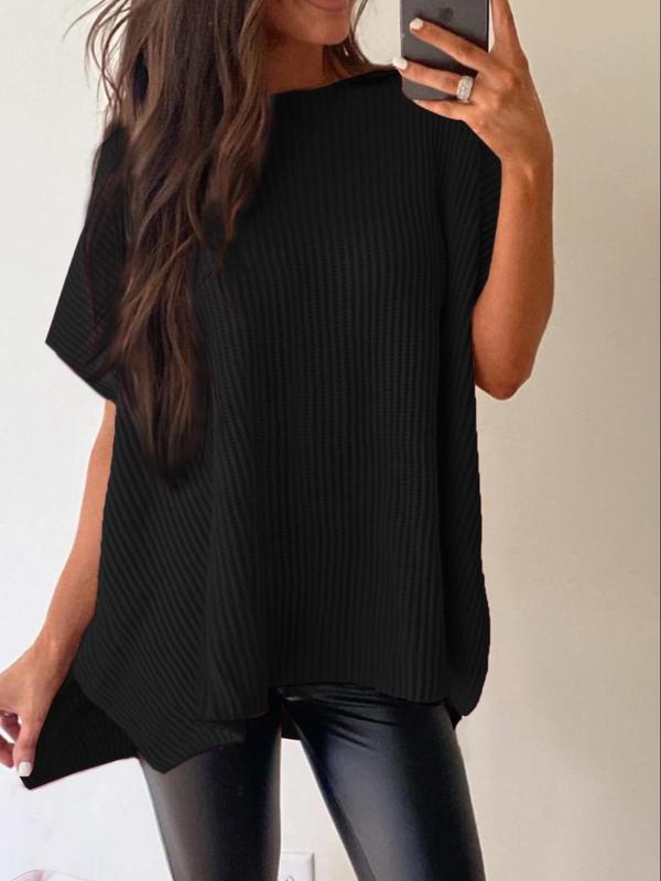 Women's Plain Textured Split Hem Batwing Sleeve Knit Top, Casual Short Sleeve Round Neck Knitwear for Summer,  Women's Sweaters,  Sweaters for Women, Fashion Women's Knit Clothing for Daily Wear