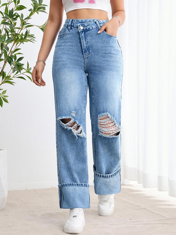 Women's Plain Ripped Button Fly Straight Leg Jeans, Casual Pocket Design Denim Trousers for Fall & Winter, Women's Bottoms for Daily Wear