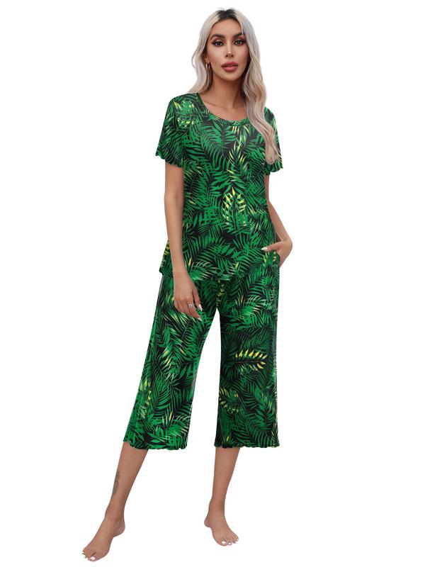 Ekouaer women's pajama set with short sleeved top and cropped pants Pjs casual wear and pajama set   Loungewear Nightwear Basic