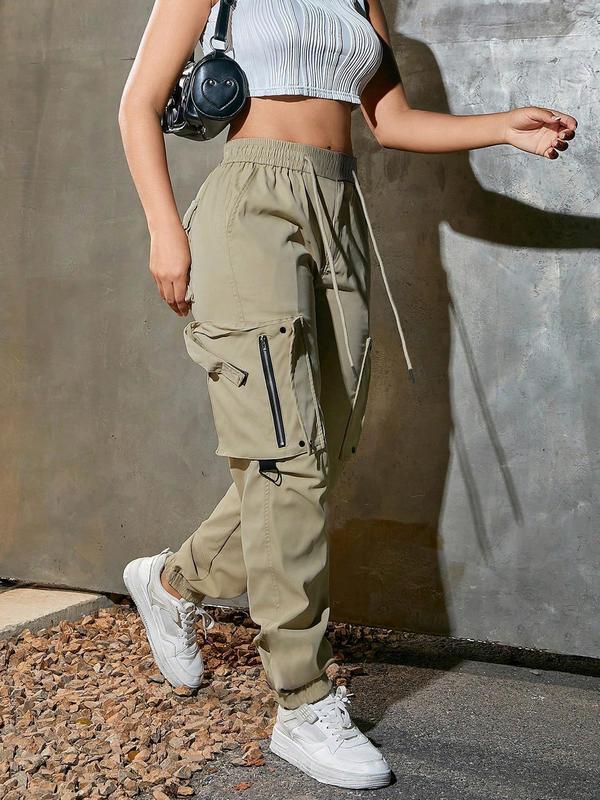 Women's Solid Pocket Drawstring Cargo Pants, Casual Streetwear Y2K Style Trousers for Daily Wear, Ladies Bottoms for All Seasons