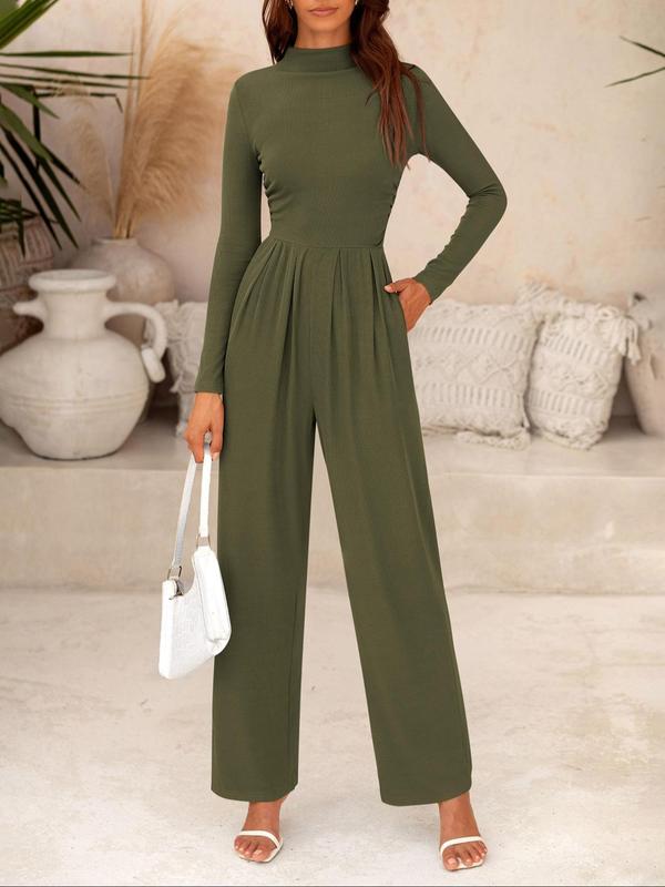 Women's Solid Zipper Back Pocket Mock Neck Wide Leg Jumpsuit, Casual Long Sleeve Plicated Ribbed Jumpsuit for Spring & Fall, Women's Clothes for Daily Wear