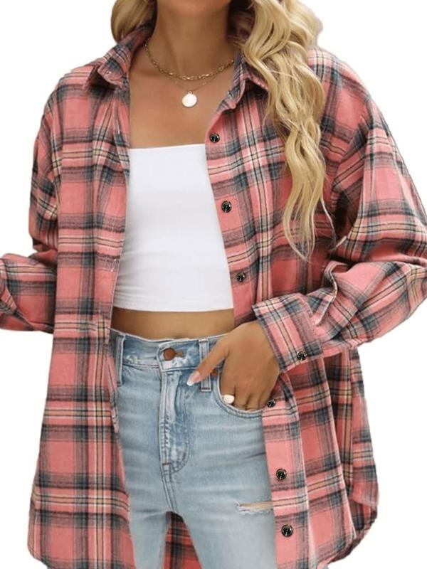  Plaid Print Button Shirt, Casual Long Sleeve Collared Top for Fall & Winter, Women's Clothes for Daily Wear