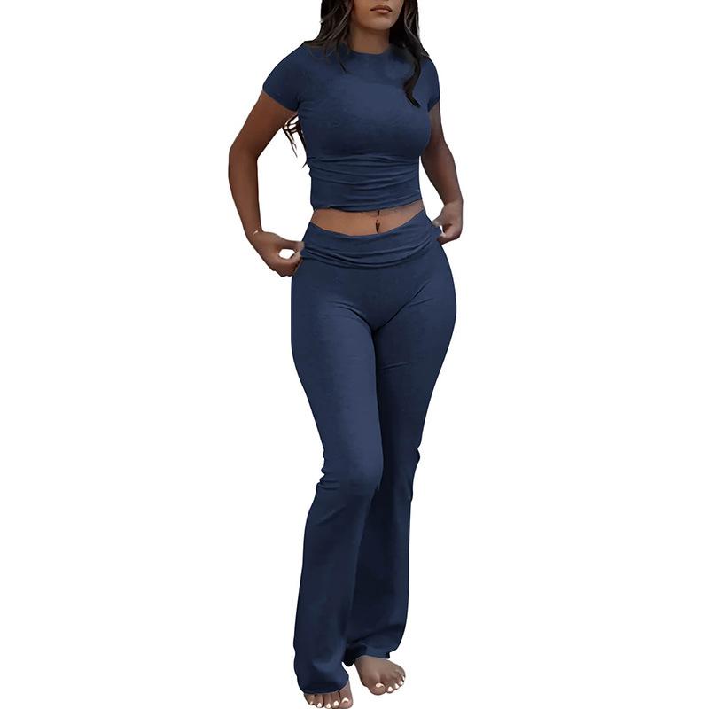 Casual Workout Women's Two-Piece Crew Neck T-shirt Low Waist Bell-Bottom Pants Sportswear Suit