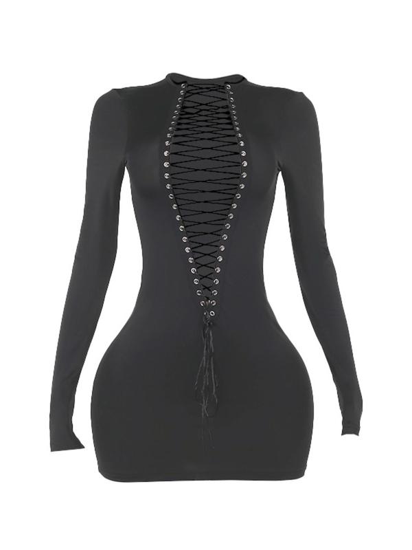 Women's Lace Up Backless Bodycon Dress, Solid Long Sleeve Round Neck Mini Dress for Party Club Dating Wear, Ladies Spring & Fall Clothes