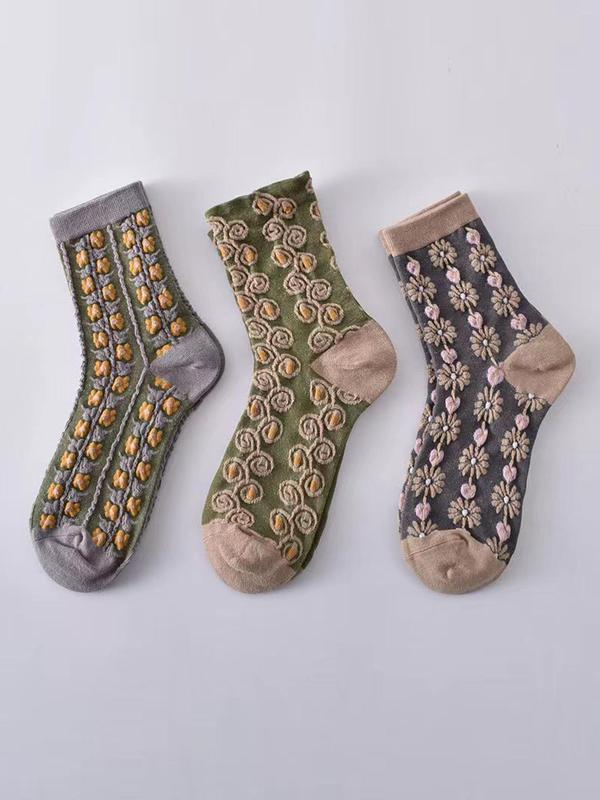 Women's Textured Floral Print Crew Neck Socks, Retro Multicolored Socks, Fashion Ladies' Fall & Winter Socks For Daily Wear