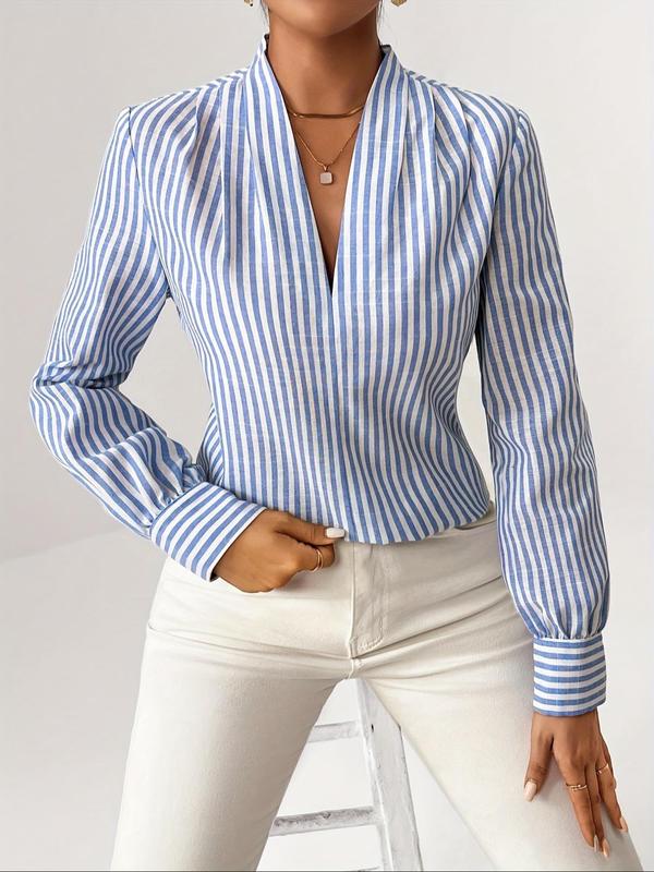 Women's Striped Print Ruched V Neck Blouse, Casual Long Sleeve Top for Daily Wear, Fall Clothing Women, Ladies Clothes for All Seasons