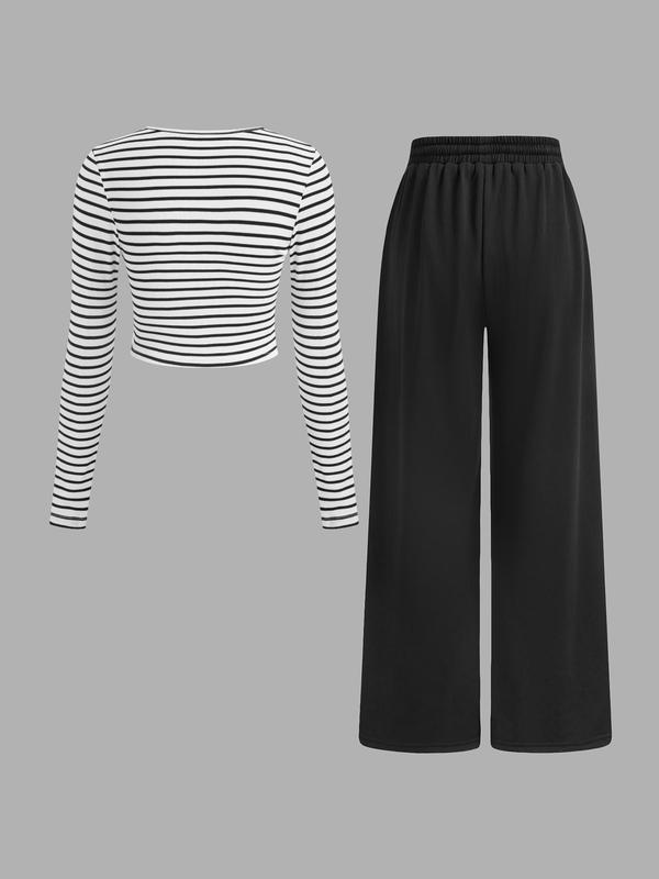 YOZY Two-Piece Set Women's Striped Print Crop Top & Wide Leg Pants Set, Casual Square Neck Long Sleeve Top & High Waist Trousers for Spring & Fall, Women's Clothes for Daily Wear