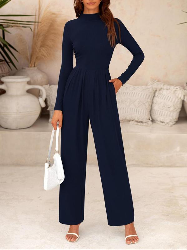 Women's Solid Zipper Back Pocket Mock Neck Wide Leg Jumpsuit, Casual Long Sleeve Plicated Ribbed Jumpsuit for Spring & Fall, Women's Clothes for Daily Wear