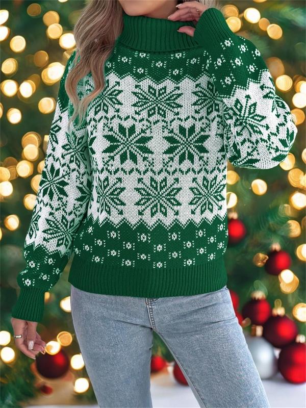 Women's Christmas Snowflake Print Drop Shoulder Sweater Pullover, Casual Long Sleeve High Neck Jumper for Fall & Winter, Women's Knitwear for Daily Wear