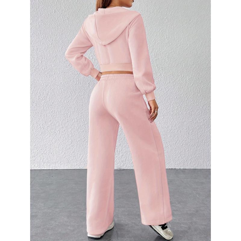 2 Pcs Long Sleeve Graphic Pattern Women's Clothing: Zip-up Drawstring Hoodie Crop Jacket & Straight Leg Sweatpants Outfit