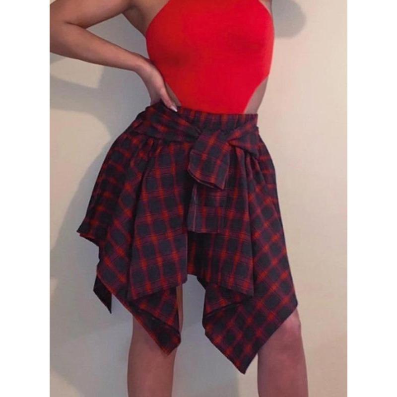 Women's Plaid Print Knot Front Skirt, Fashion Casual Asymmetrical Hem Knee Length Skirt for Daily Outdoor Wear, Women's Bottoms for Fall, Skirts for Women