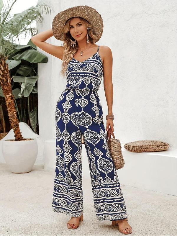 Women's Ethnic Pattern Cami Jumpsuit, Boho Fashion Adjustable Spaghetti Strap Wide Leg Jumpsuit for Beach Holiday Vacation, Ladies Summer Clothes