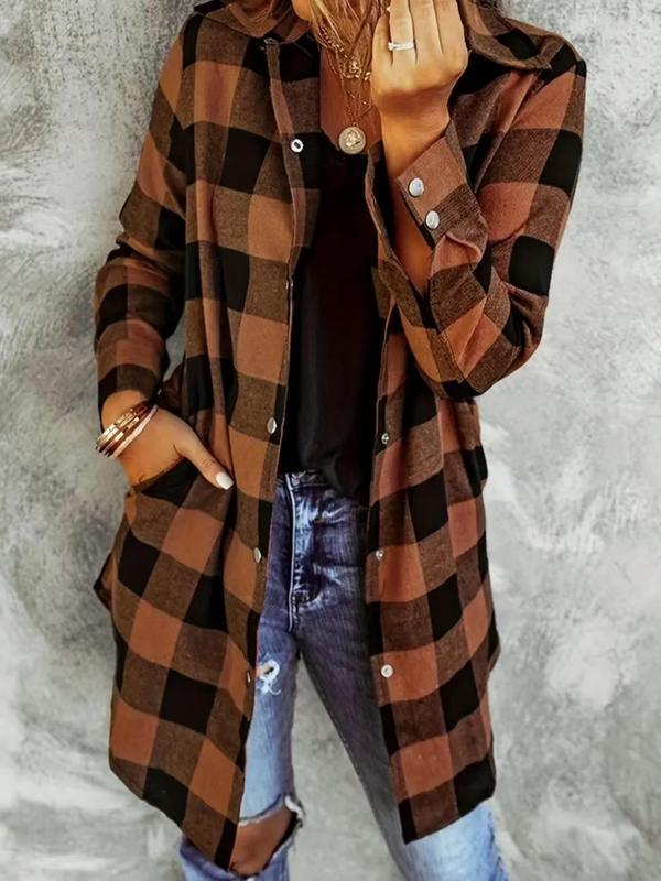 Women's Plaid Print Button Front Pocket Shirt, Casual Long Sleeve Collared Top for Spring & Fall, Women's Clothes for Daily Wear