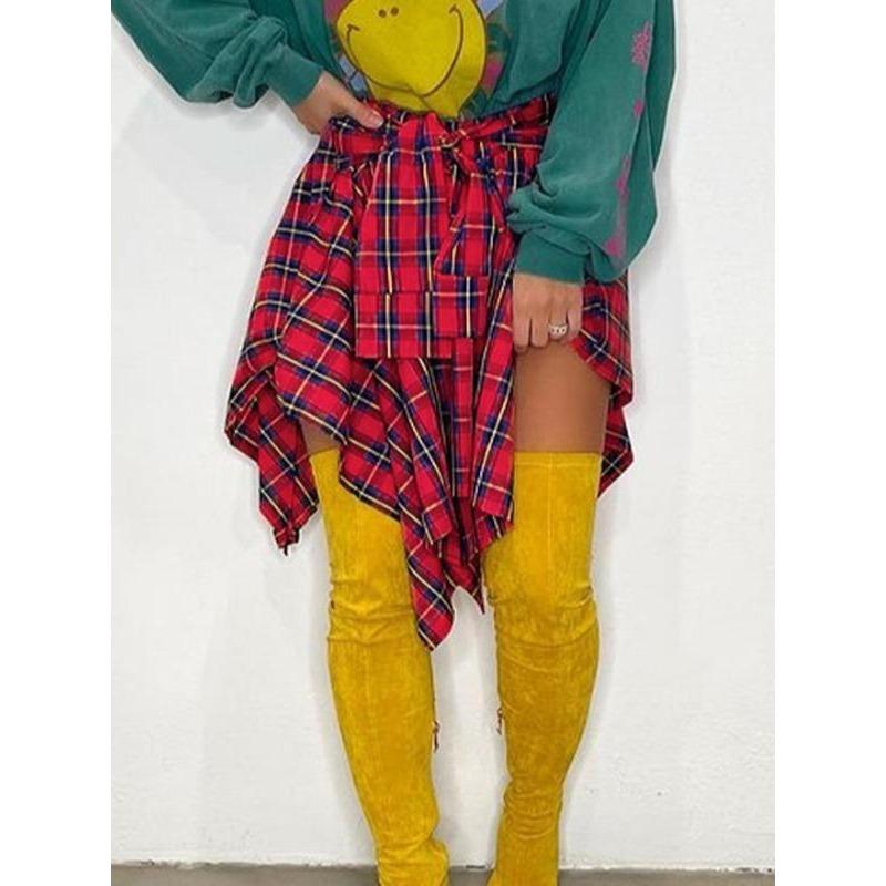 Women's Plaid Print Knot Front Skirt, Fashion Casual Asymmetrical Hem Knee Length Skirt for Daily Outdoor Wear, Women's Bottoms for Fall, Skirts for Women