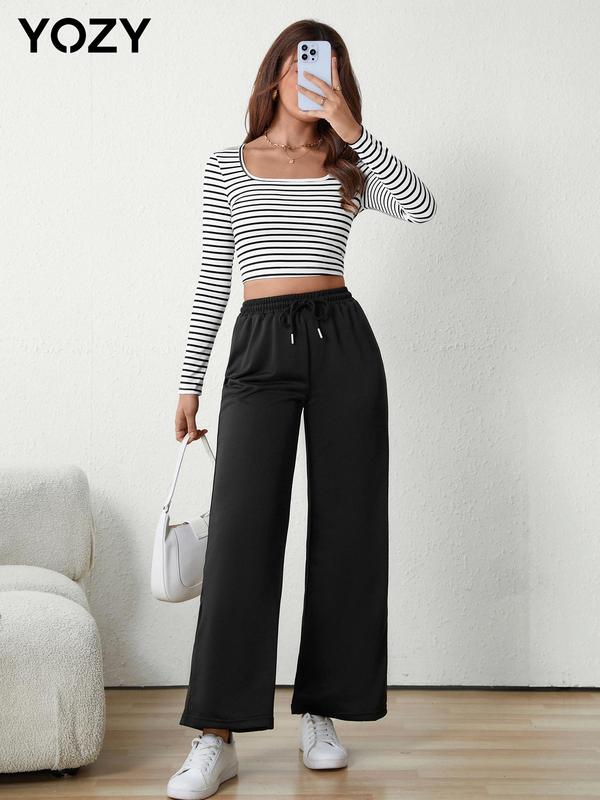 YOZY Two-Piece Set Women's Striped Print Crop Top & Wide Leg Pants Set, Casual Square Neck Long Sleeve Top & High Waist Trousers for Spring & Fall, Women's Clothes for Daily Wear