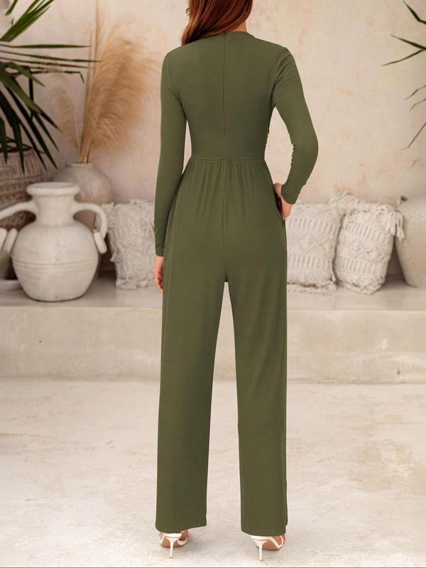 Women's Solid Zipper Back Pocket Mock Neck Wide Leg Jumpsuit, Casual Long Sleeve Plicated Ribbed Jumpsuit for Spring & Fall, Women's Clothes for Daily Wear