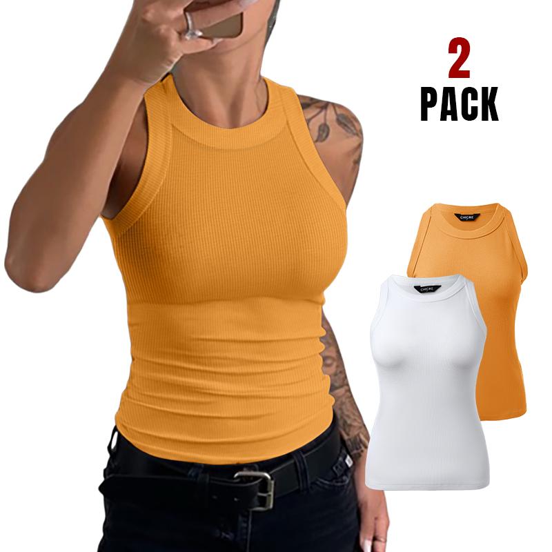 ChicMe Women's 2-Pack Round Neck Thick Strap Racerback Ribbed Tank Slim Fit Tops without Bra Pads Comfort Fabric