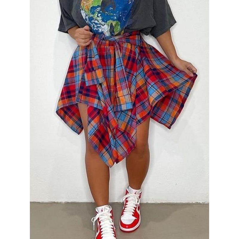 Women's Plaid Print Knot Front Skirt, Fashion Casual Asymmetrical Hem Knee Length Skirt for Daily Outdoor Wear, Women's Bottoms for Fall, Skirts for Women