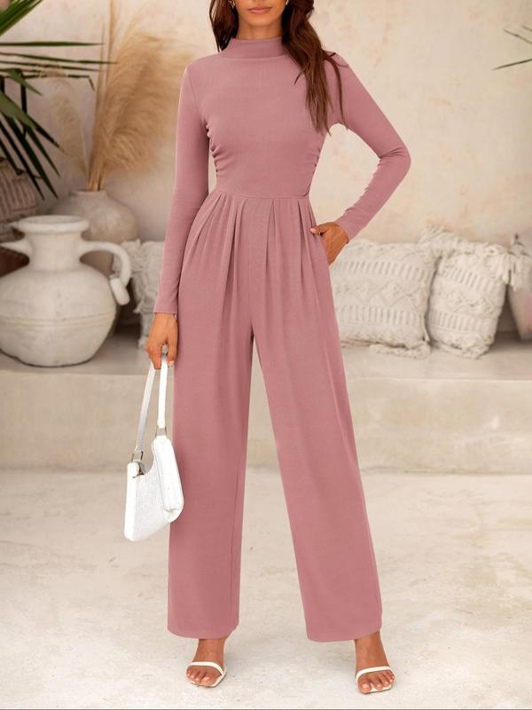 Women's Solid Zipper Back Pocket Mock Neck Wide Leg Jumpsuit, Casual Long Sleeve Plicated Ribbed Jumpsuit for Spring & Fall, Women's Clothes for Daily Wear