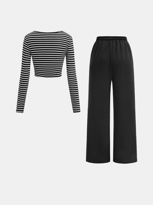 YOZY Two-Piece Set Women's Striped Print Crop Top & Wide Leg Pants Set, Casual Square Neck Long Sleeve Top & High Waist Trousers for Spring & Fall, Women's Clothes for Daily Wear