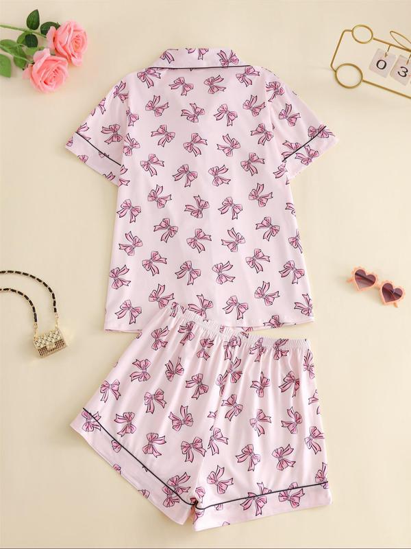 Two-Piece Set Women's All Over Bowknot Print Lapel Neck Pocket Crop Shirt & Shorts Pyjama, Elegant Comfy Short Sleeve Top & Shorts PJ Set, Ladies Sleepwear for All Seasons