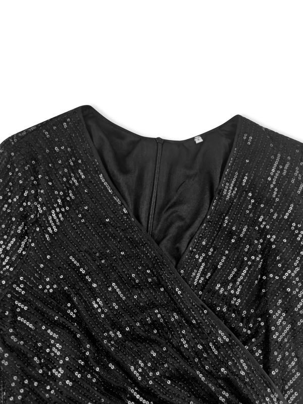 Women's Glitter Sequin Fringe Trim Wrap Bodycon Evening Dress, Elegant Formal Wear, V Neck Long Sleeve Asymmetrical Midi Dress for Party & Banquet, Wedding Guest Dress, Ladies's Clothes for All Seasons, Elegant Dresses, Dresses for Women