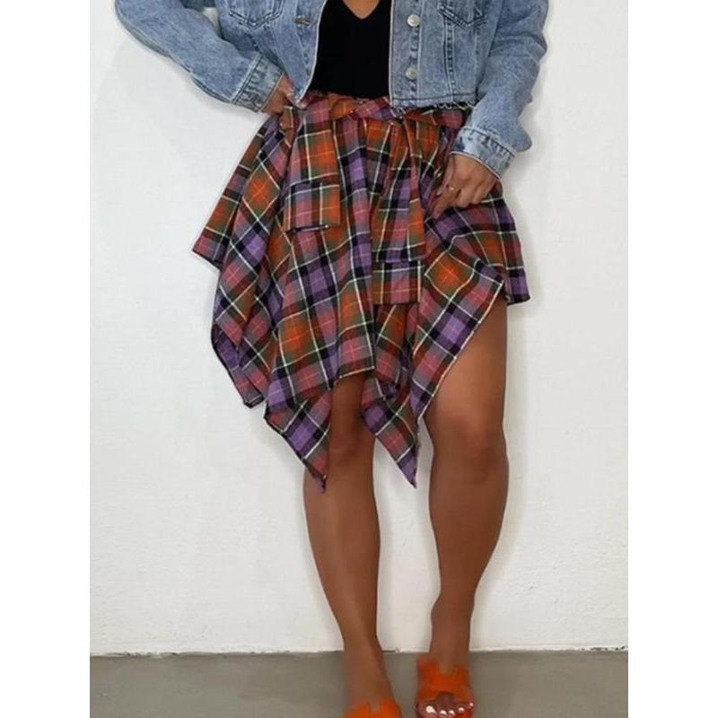 Women's Plaid Print Knot Front Skirt, Fashion Casual Asymmetrical Hem Knee Length Skirt for Daily Outdoor Wear, Women's Bottoms for Fall, Skirts for Women