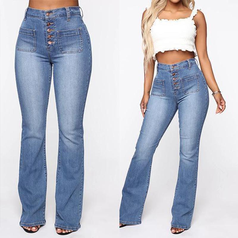 High Street Casual Fashion Women's Jeans Button Patch Pocket Washed Trousers Jeans