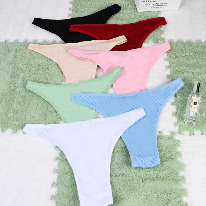 Women's 7pcs Solid Color Thin Thong, Casual Comfy Breathable Seamless Knickers for Daily Wear, Lingerie Outfit for All Seasons