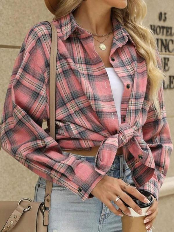  Plaid Print Button Shirt, Casual Long Sleeve Collared Top for Fall & Winter, Women's Clothes for Daily Wear