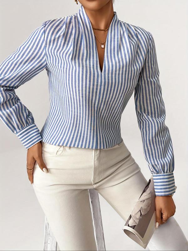 Women's Striped Print Ruched V Neck Blouse, Casual Long Sleeve Top for Daily Wear, Fall Clothing Women, Ladies Clothes for All Seasons