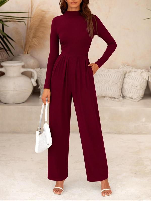 Women's Solid Zipper Back Pocket Mock Neck Wide Leg Jumpsuit, Casual Long Sleeve Plicated Ribbed Jumpsuit for Spring & Fall, Women's Clothes for Daily Wear