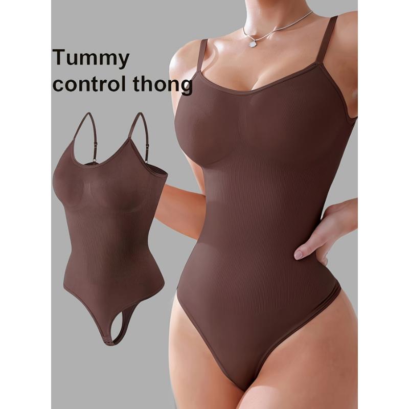 1pc Women's Adjustable Straps Bodysuit With Snap Crotch, Seamless Tummy Control Shapewear Thong, Breathable Fabric, Black