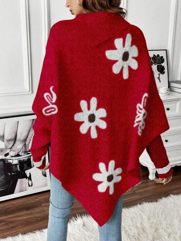  Women's Floral Pattern Cloak Sleeve Sweater, Casual Long Sleeve Turtle Neck Jumper for Fall & Winter, Women's Clothing for Daily Wear