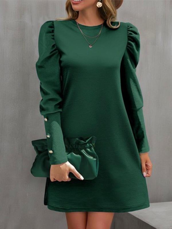 Women's Plain Fake Buttons Puff Sleeve Dress, Elegant Long Sleeve Round Neck Short Dress for Party Holiday Wedding Guest, Ladies Clothes for All Seasons