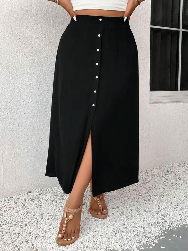  Button Front Split Thigh Skirt, Casual Solid Color High Waist Long Skirt for Daily Wear, Women's Bottoms for All Seasons