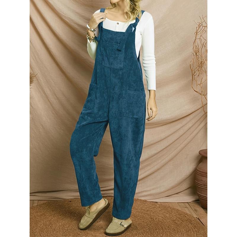 Solid Corduroy Overall Jumpsuit, Casual Patch Pocket Overall Jumpsuit, Suitable for Spring and Autumn, Women's Clothing