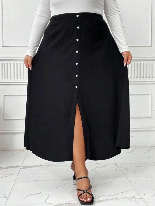  Button Front Split Thigh Skirt, Casual Solid Color High Waist Long Skirt for Daily Wear, Women's Bottoms for All Seasons