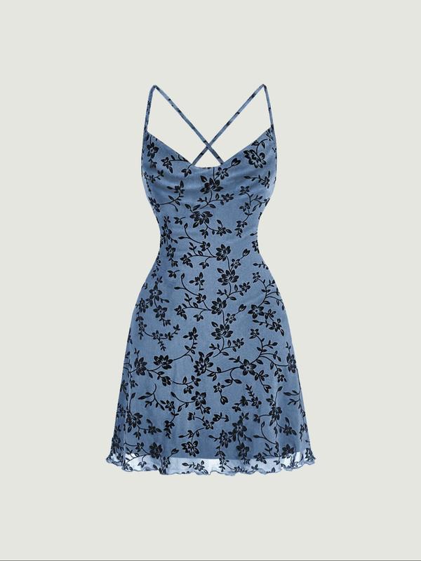 Women's Floral Print Contrast Mesh Cami Dress, Casual Vintage Lettuce Trim Criss Cross Dress, Dresses for Women, Back To School Outfits, Ladies' Clothes for Beach Holiday Birthday Outfit Black Girl