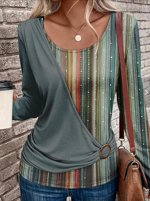 Women's Striped Patchwork Print Ruched O-ring Asymmetrical Tee, Casual Drop Shoulder Long Sleeve T-shirt for Spring & Fall, Ladies Clothes for Daily Wear, Fall Outfits, Fallfreshness Clothes