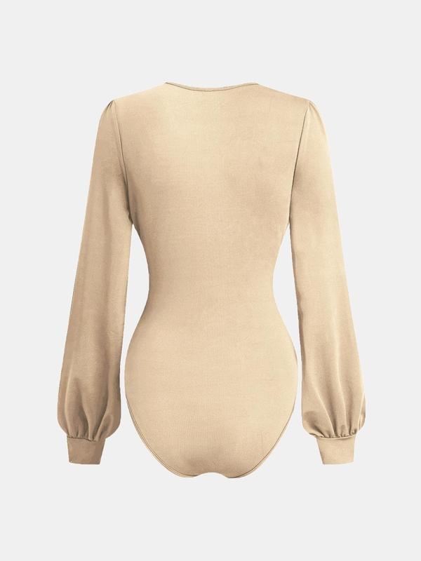 YOZY Ruched Bishop Sleeve Bodysuit, Elegant Plain Deep V Neck Longsleeves Bodysuit, 2024 Women's Daily Wear for Spring & Fall