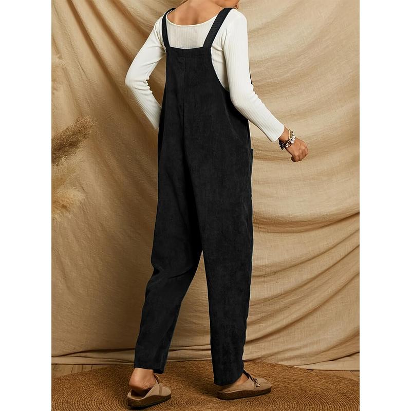 Solid Corduroy Overall Jumpsuit, Casual Patch Pocket Overall Jumpsuit, Suitable for Spring and Autumn, Women's Clothing