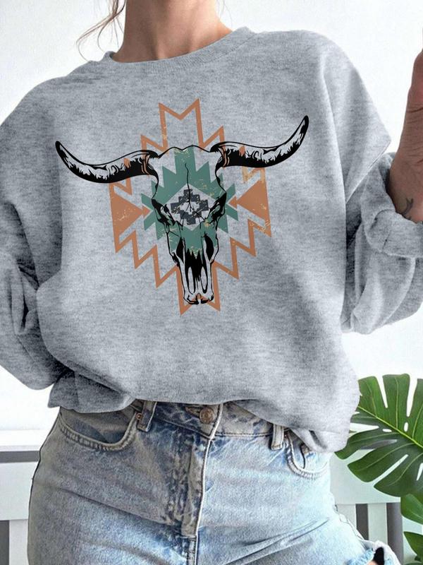 Women's Bull Head Print Crew Neck Pullover, Casual Long Sleeve Sweatshirt for Fall & Winter, Women's Clothes for Daily Wear