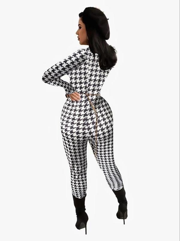 Women's Houndstooth Print Half Zip Jumpsuit, Casual Long Sleeve Round Neck Skinny Jumpsuit for Fall & Winter, Women's Clothes for Daily Wear