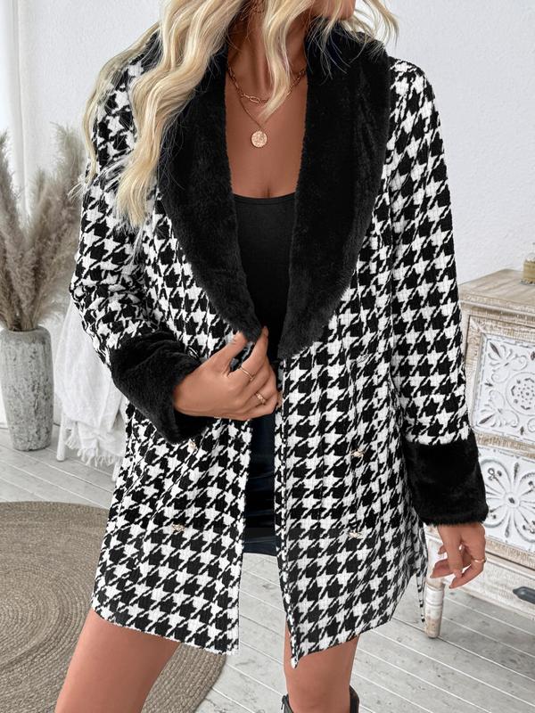 Women's Houndstooth Print Contrast Faux Fur Belted Shawl Collar Jacket, Casual Long Sleeve Double Button Outerwear for Fall & Winter, Ladies Clothes for Daily Wear