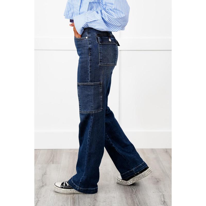 Judy Blue Hot Mess High Rise Dark Wash Cargo Wide Leg Jeans